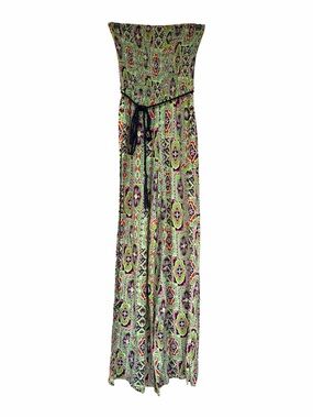 Strapless Green Patterned Jumpsuit with Waist Tie